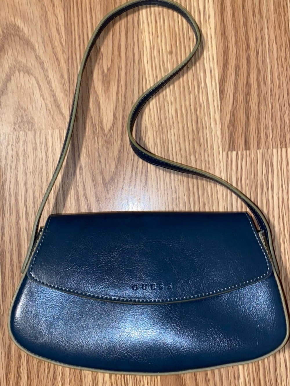 GUESS vintage Navy Leather mini baguette shoulder bag with Tan Trim